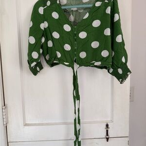 Green Polka Dot Blouse with Tie Front
